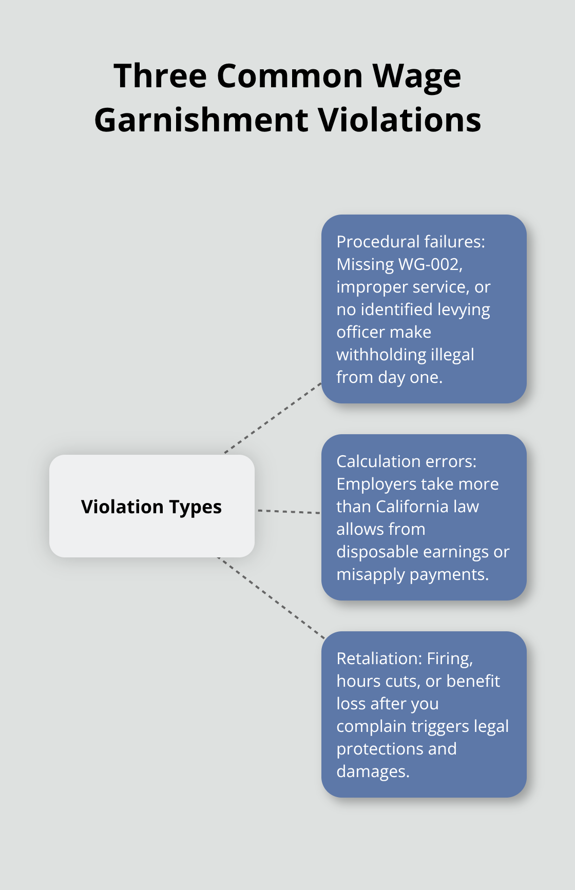 Hub-and-spoke chart of procedural failures, calculation errors, and retaliation