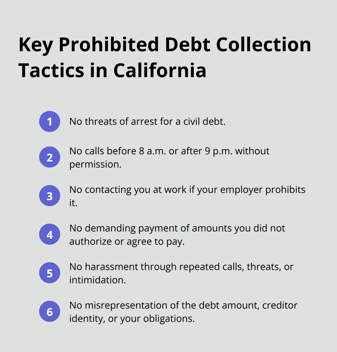 Compact list of prohibited California debt collection actions consumers should watch for - california debt collection defense