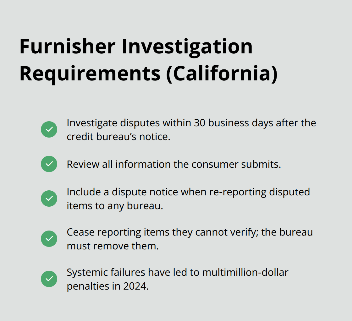 Checklist of California requirements for furnishers investigating credit reporting disputes