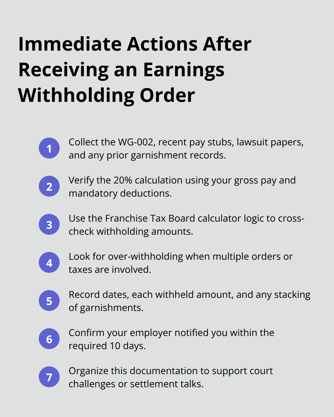 Compact checklist of the first steps to take within 10 days after receiving an Earnings Withholding Order in California. - California wage garnishment help
