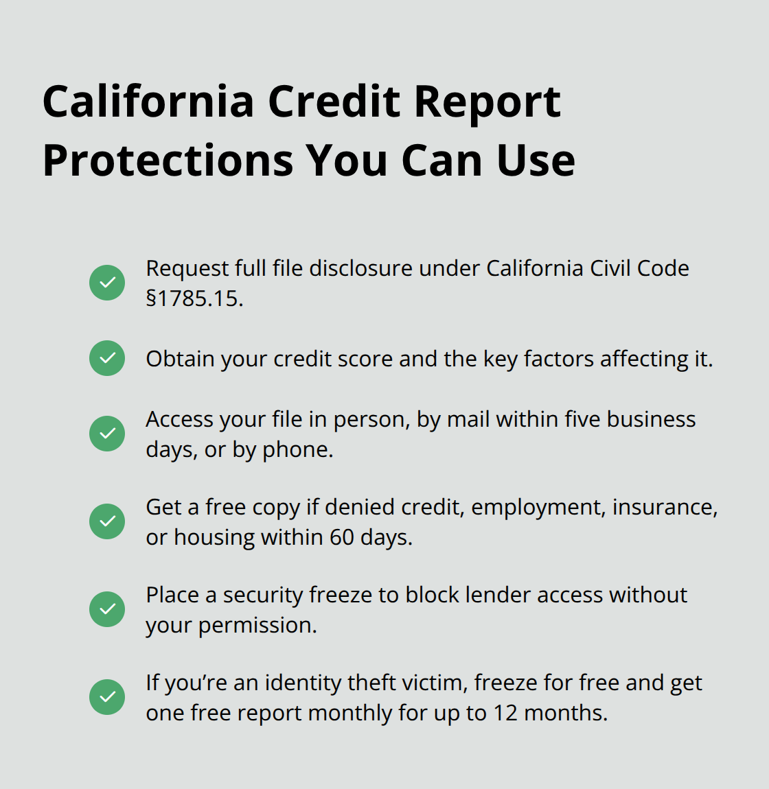 Checklist of California-specific credit reporting rights and protections. - Correct credit report errors