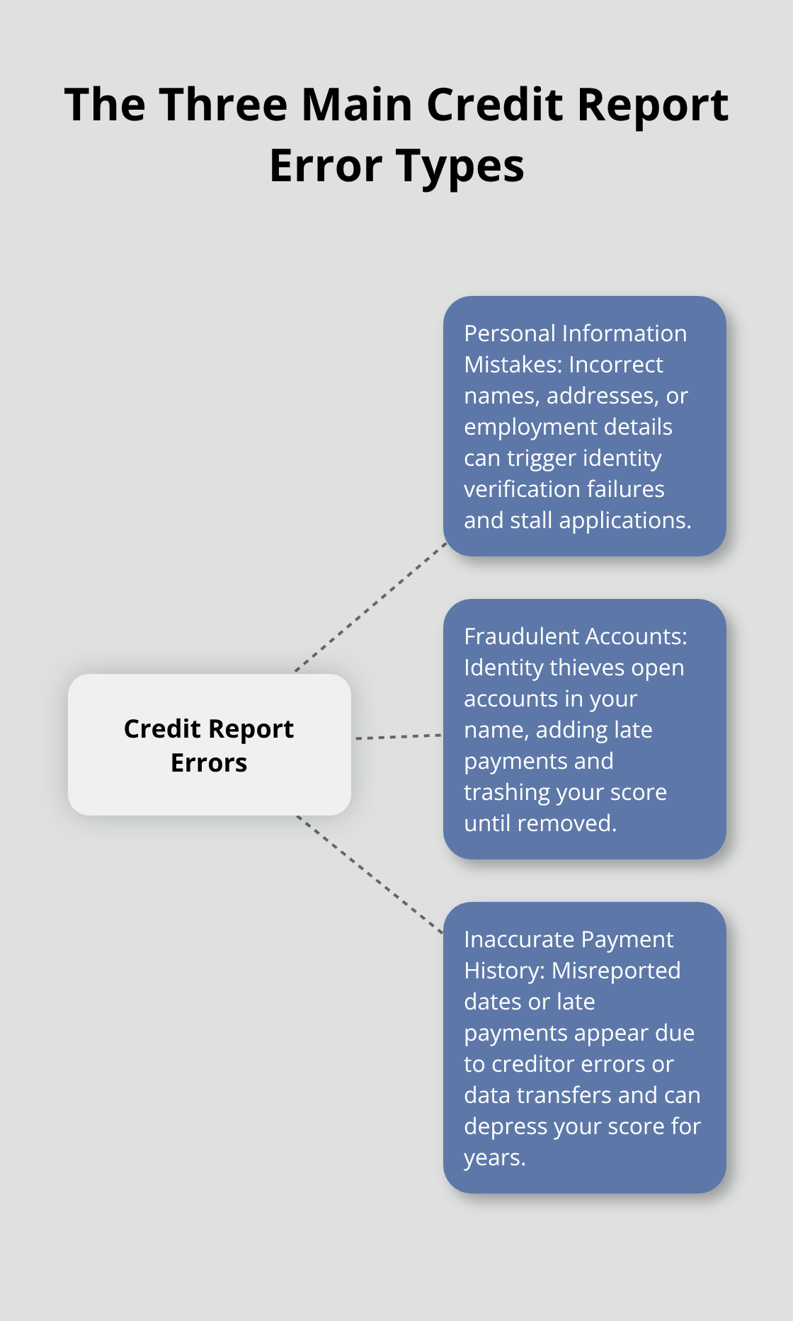 Hub-and-spoke diagram of personal information mistakes, fraudulent accounts, and inaccurate payment history.