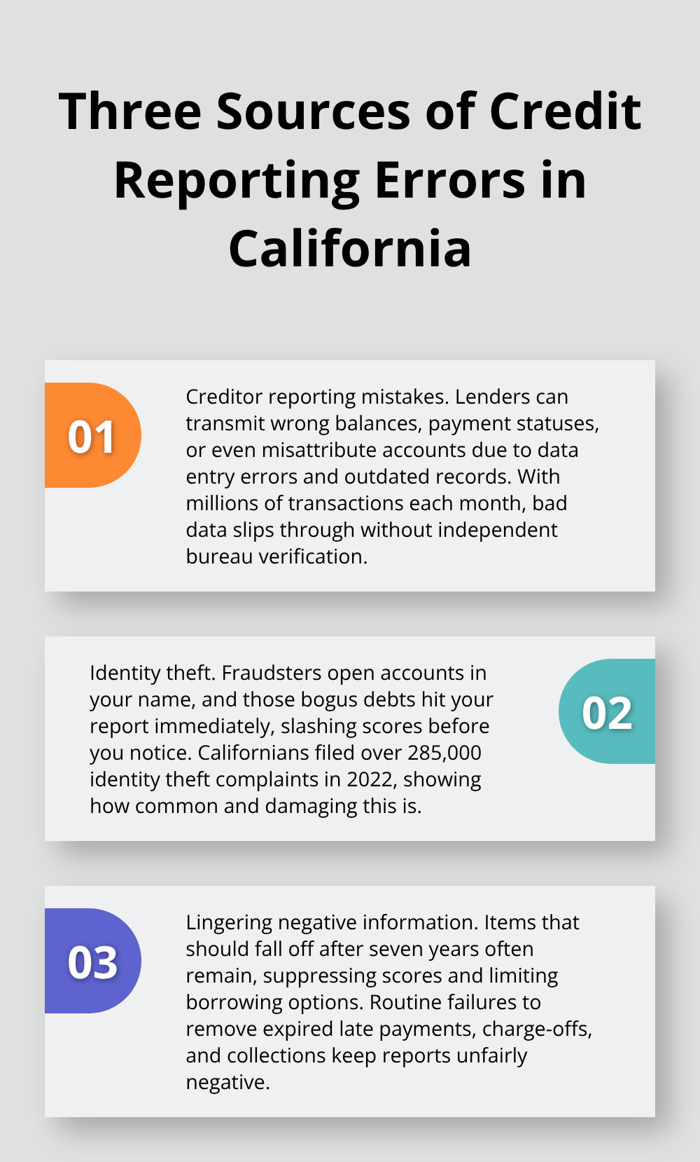 Infographic outlining the three main sources of credit report errors in California - Correcting credit records California