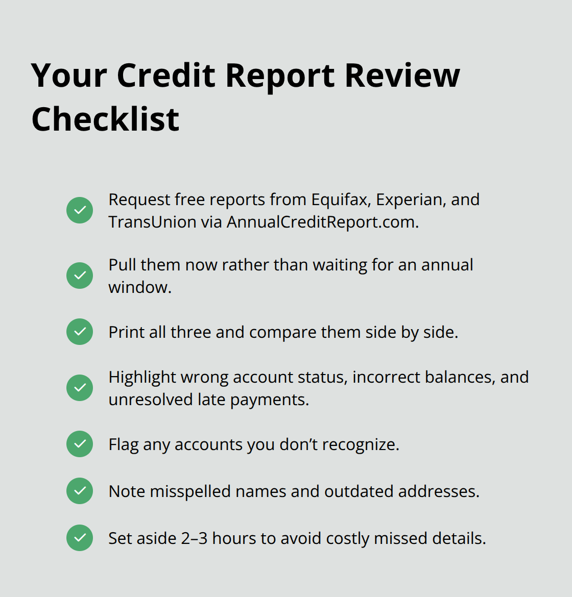 Checklist infographic summarizing steps to review Equifax, Experian, and TransUnion credit reports in the U.S. - Credit report errors CA