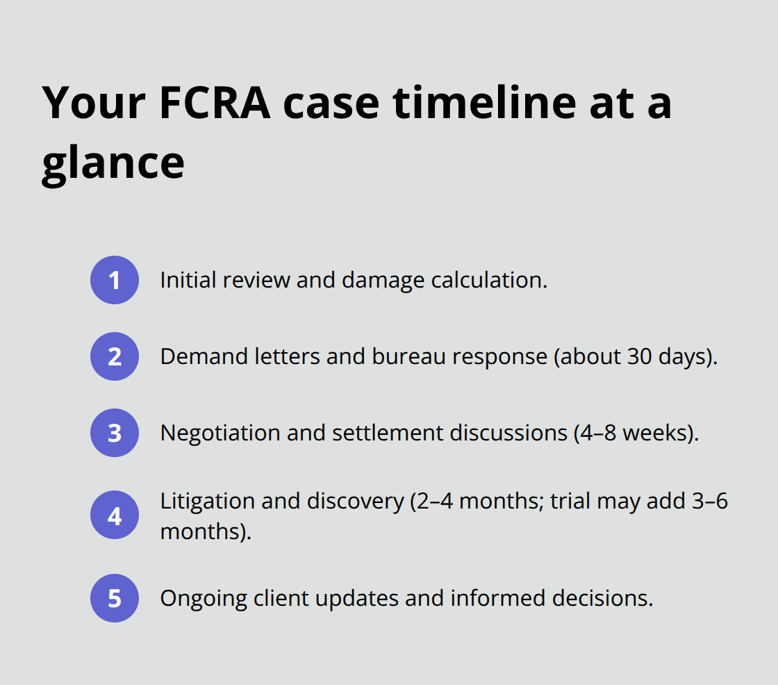 Compact overview of the main stages and typical durations of an FCRA case