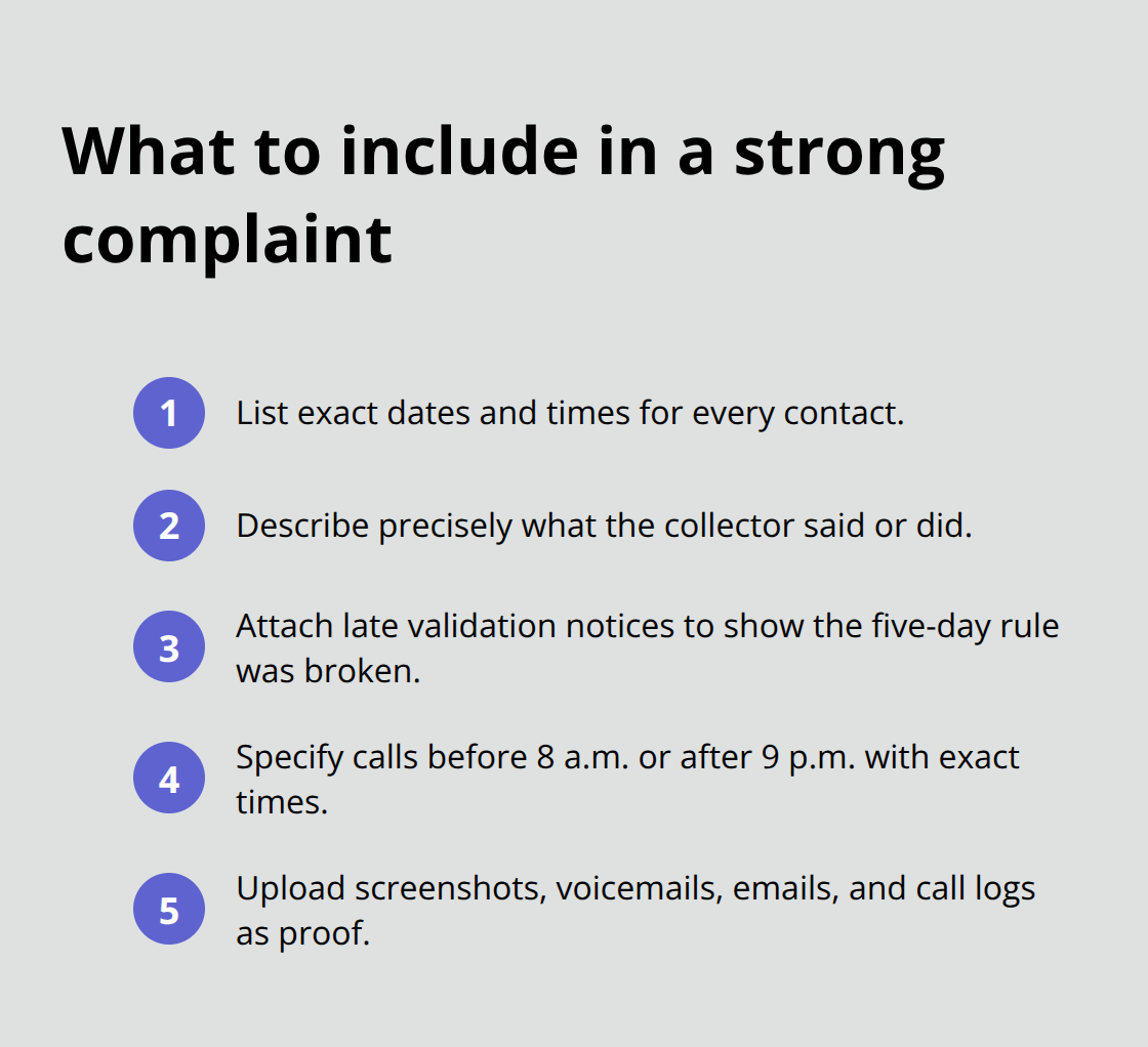 Compact list of details to include when filing debt collection complaints with agencies