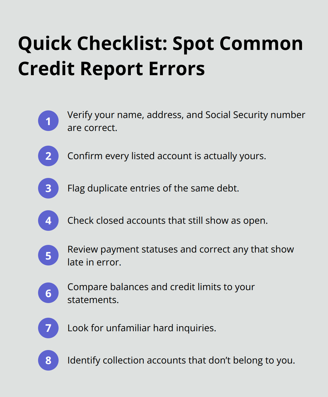 Compact checklist of steps U.S. consumers can use to spot credit report errors quickly. - Dispute inaccurate listings