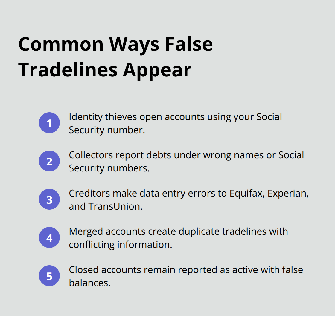 Compact list showing common mechanisms that create false tradelines on credit reports - False tradelines removal California