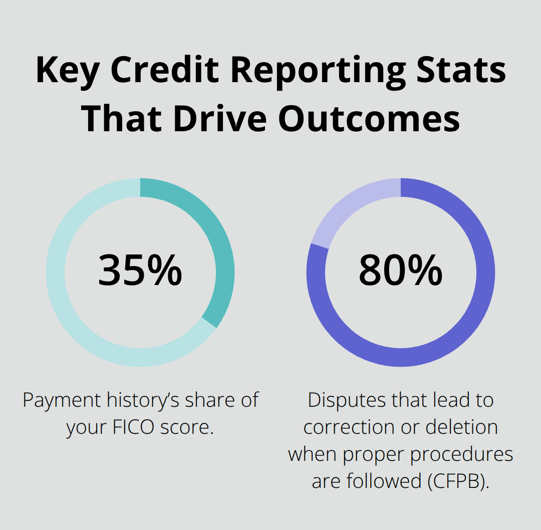 Two key percentages: FICO payment history weight and CFPB dispute success rate - False tradelines removal California