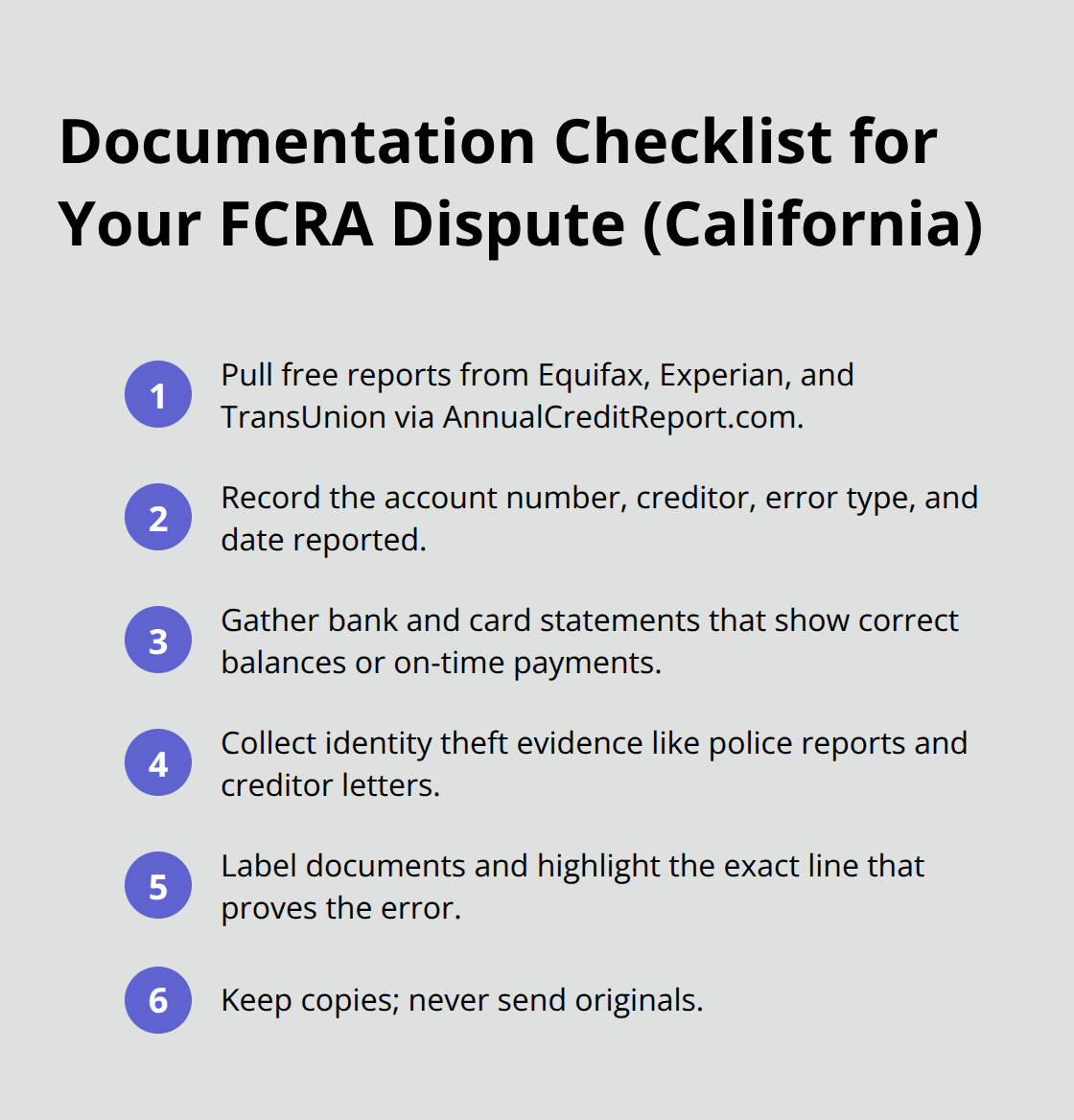 Step-by-step documentation checklist to prepare a strong FCRA dispute in California