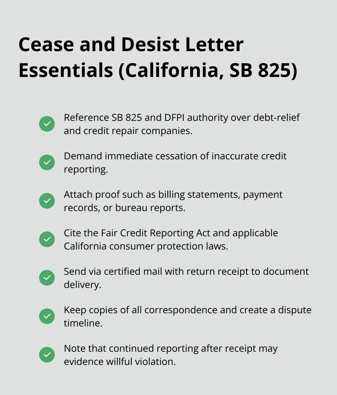 Checklist of key elements to include in a cease and desist letter to debt collectors in California. - Free case review CA
