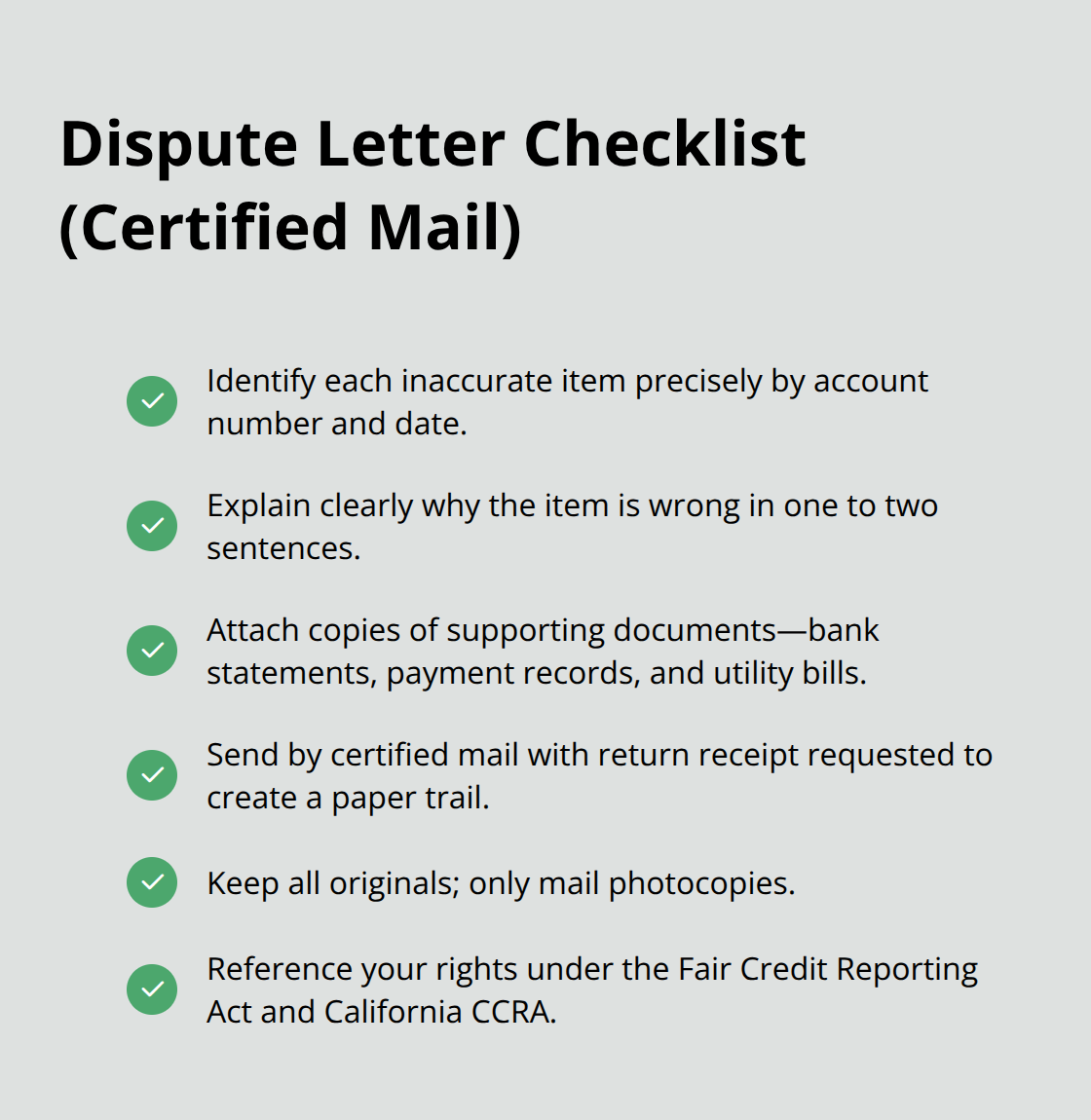 Checklist of essential items to include when sending a dispute letter by certified mail. - Fresno credit report errors