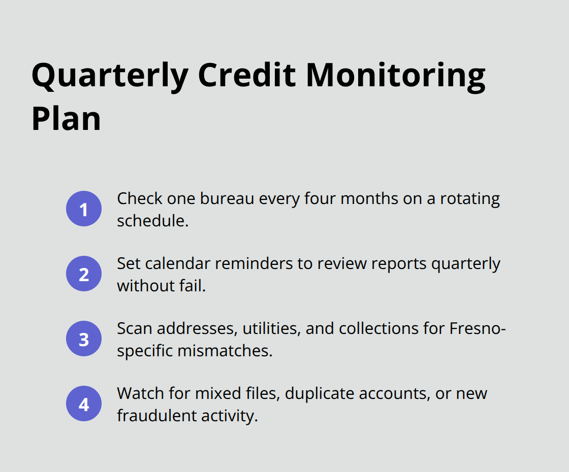 Compact list outlining a simple quarterly plan to monitor your credit reports.