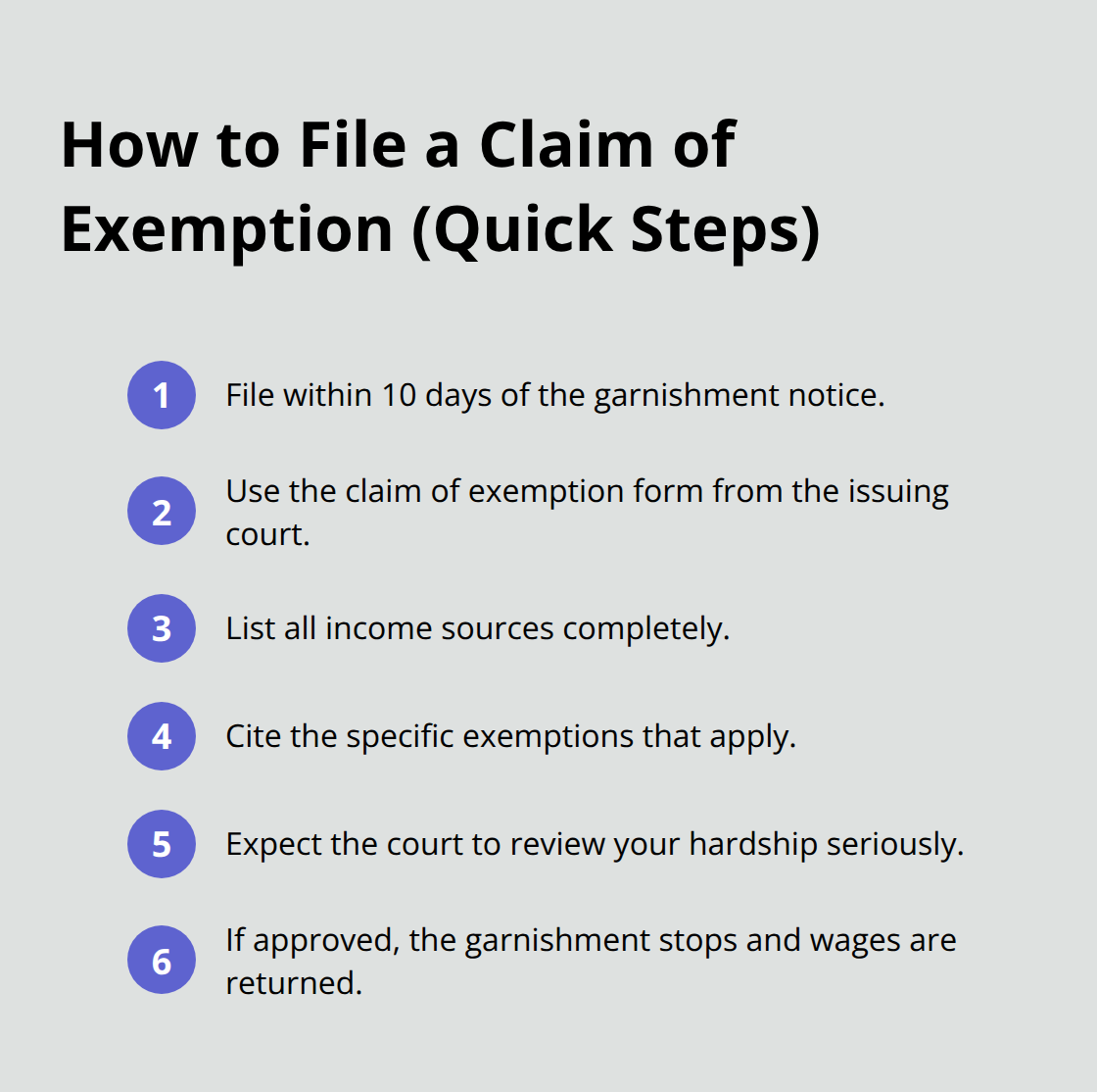 Compact checklist of steps to file a claim of exemption in California. - Garnishment relief California