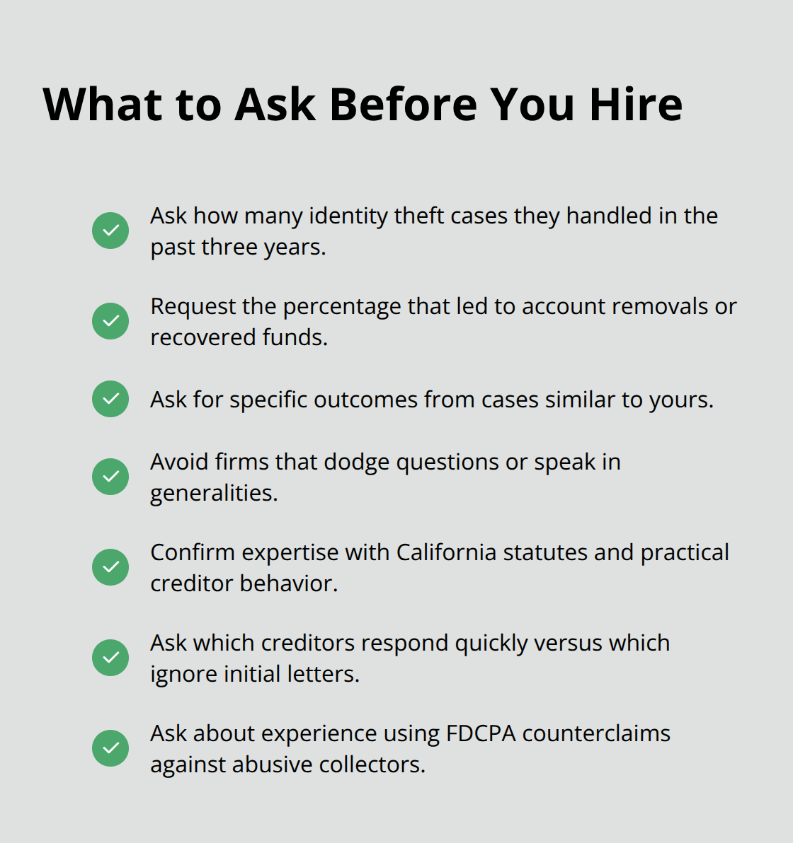 Checklist of questions to evaluate an identity theft attorney’s results and fit