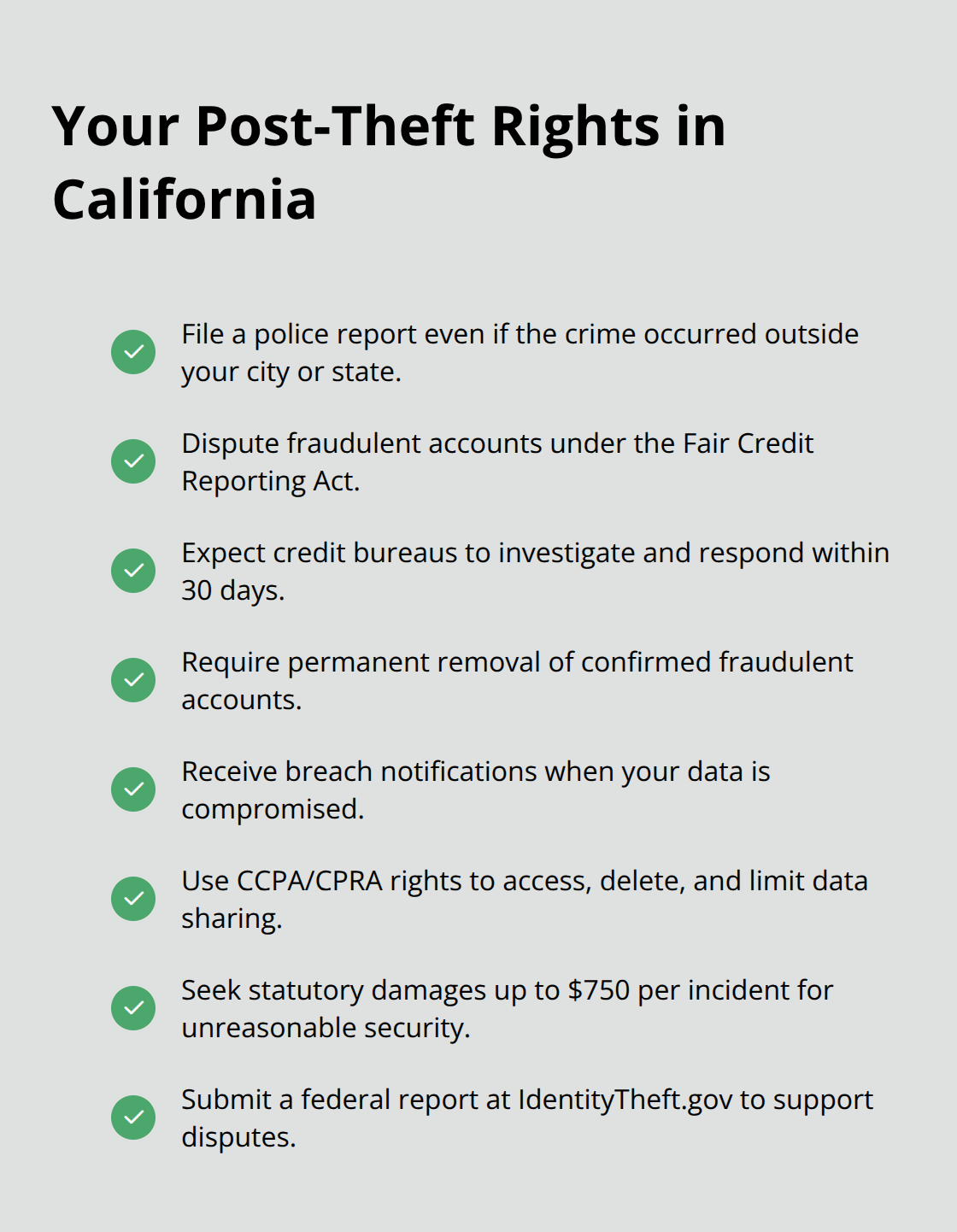 Checklist of California and federal rights that help identity theft victims recover. - Identity theft consumer protection