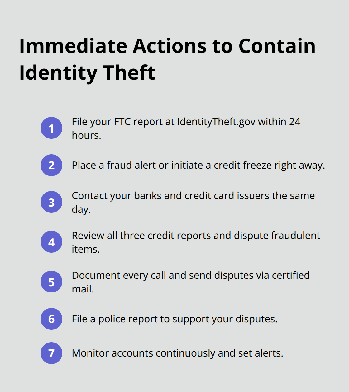 Compact checklist of urgent steps to take within the first 24 hours after identity theft. - Identity theft defense California