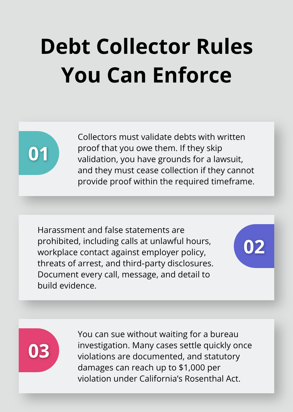 Three key enforcement points consumers can use against unlawful debt collection in California.