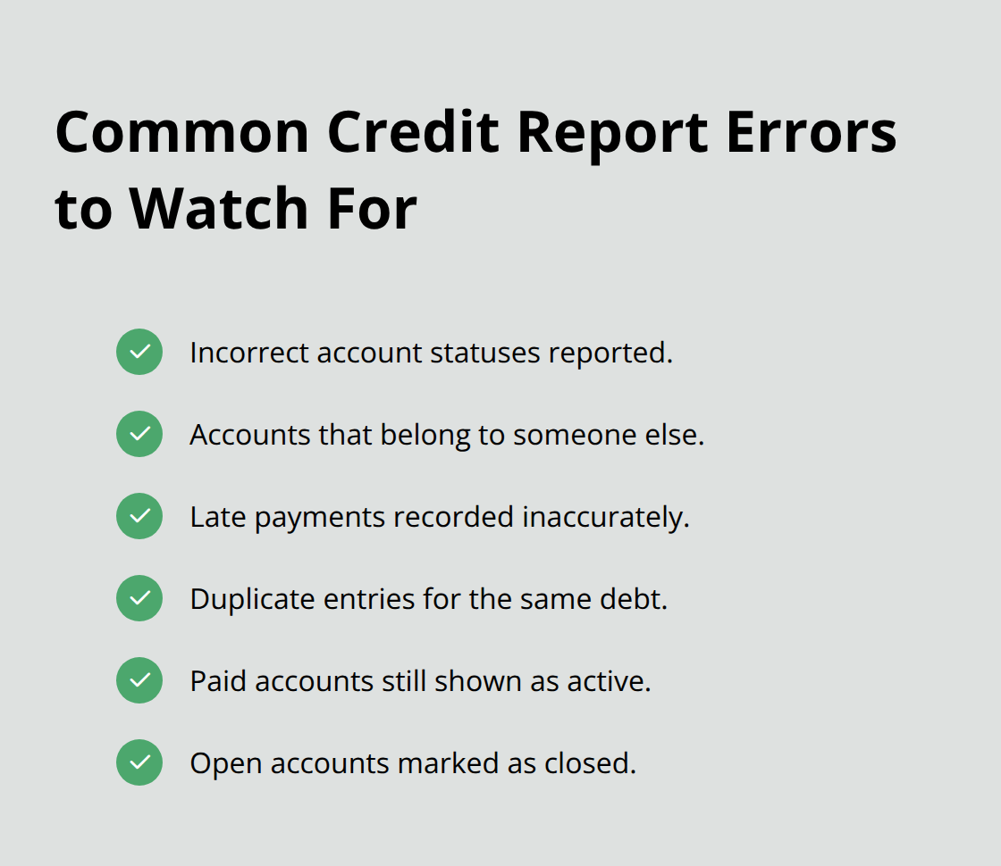 Checklist of frequent credit report errors consumers in the U.S. often find on their files.