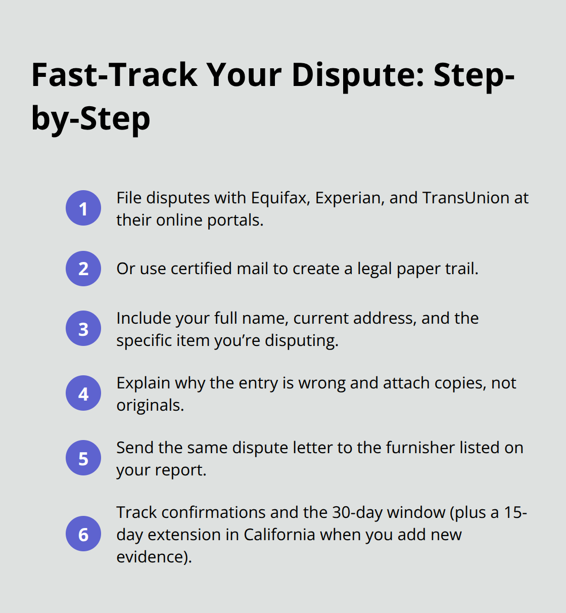 Compact checklist of steps to file credit report disputes with all three bureaus - Notify credit bureaus California