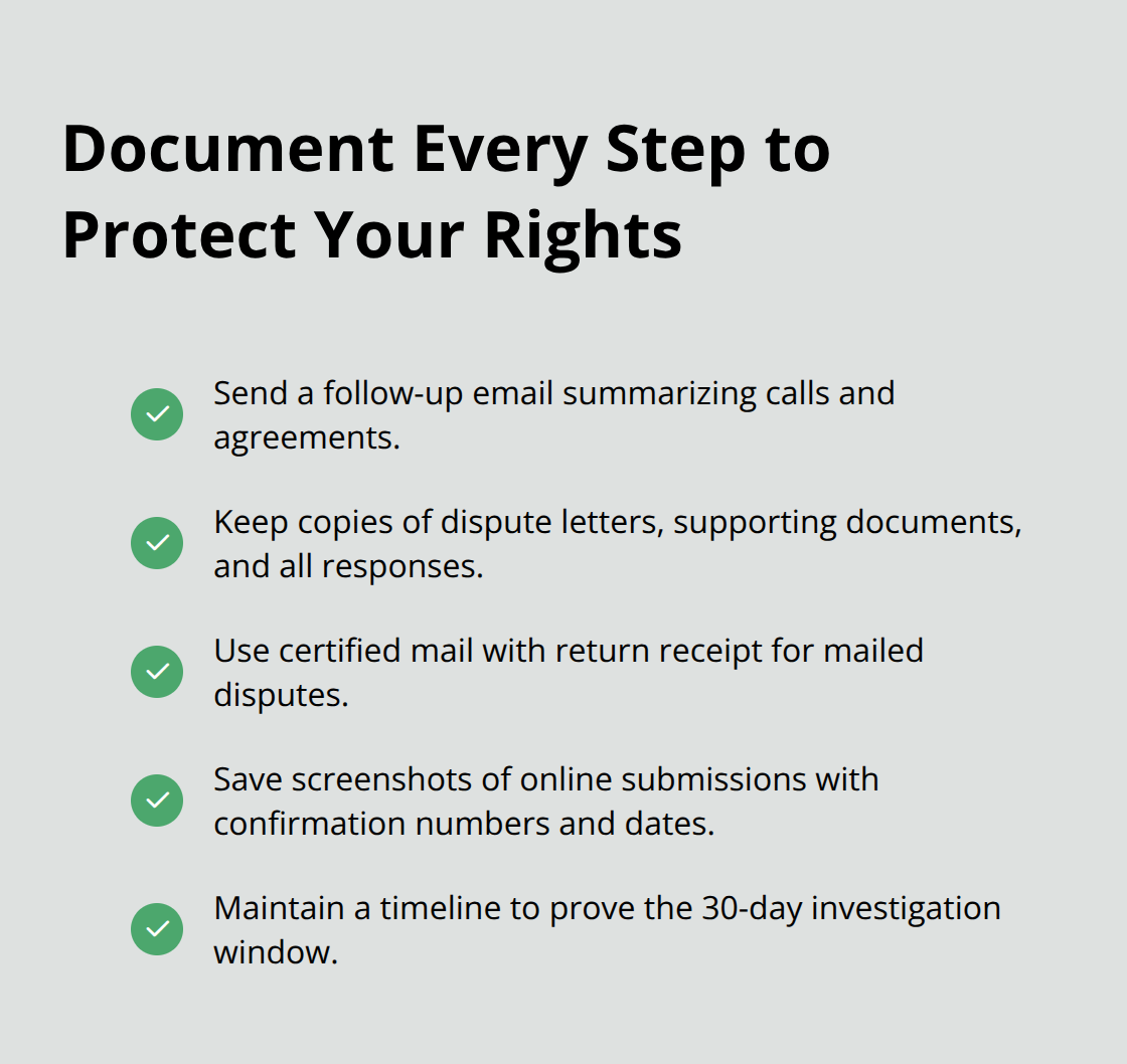Checklist of documentation steps after contacting creditors or disputing errors. - Rebuilding credit after dispute