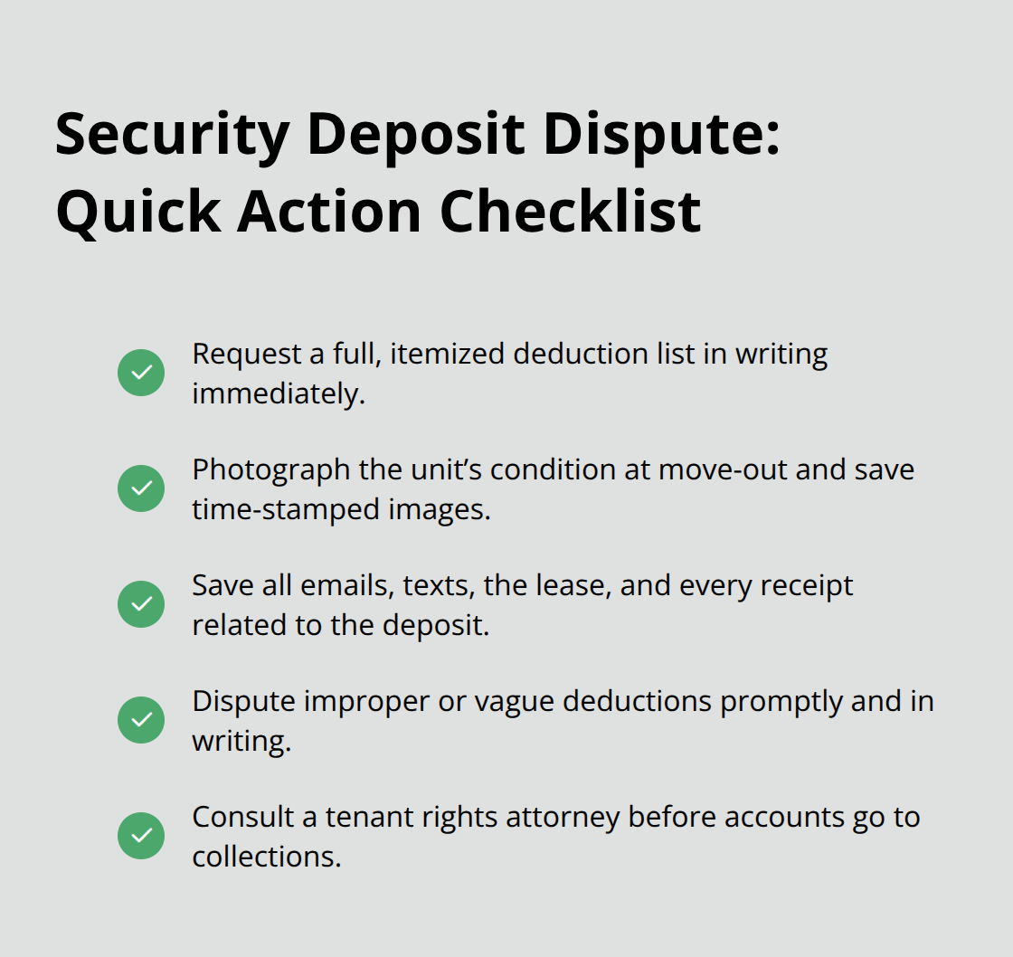 Checklist of quick actions tenants should take during a security deposit dispute.