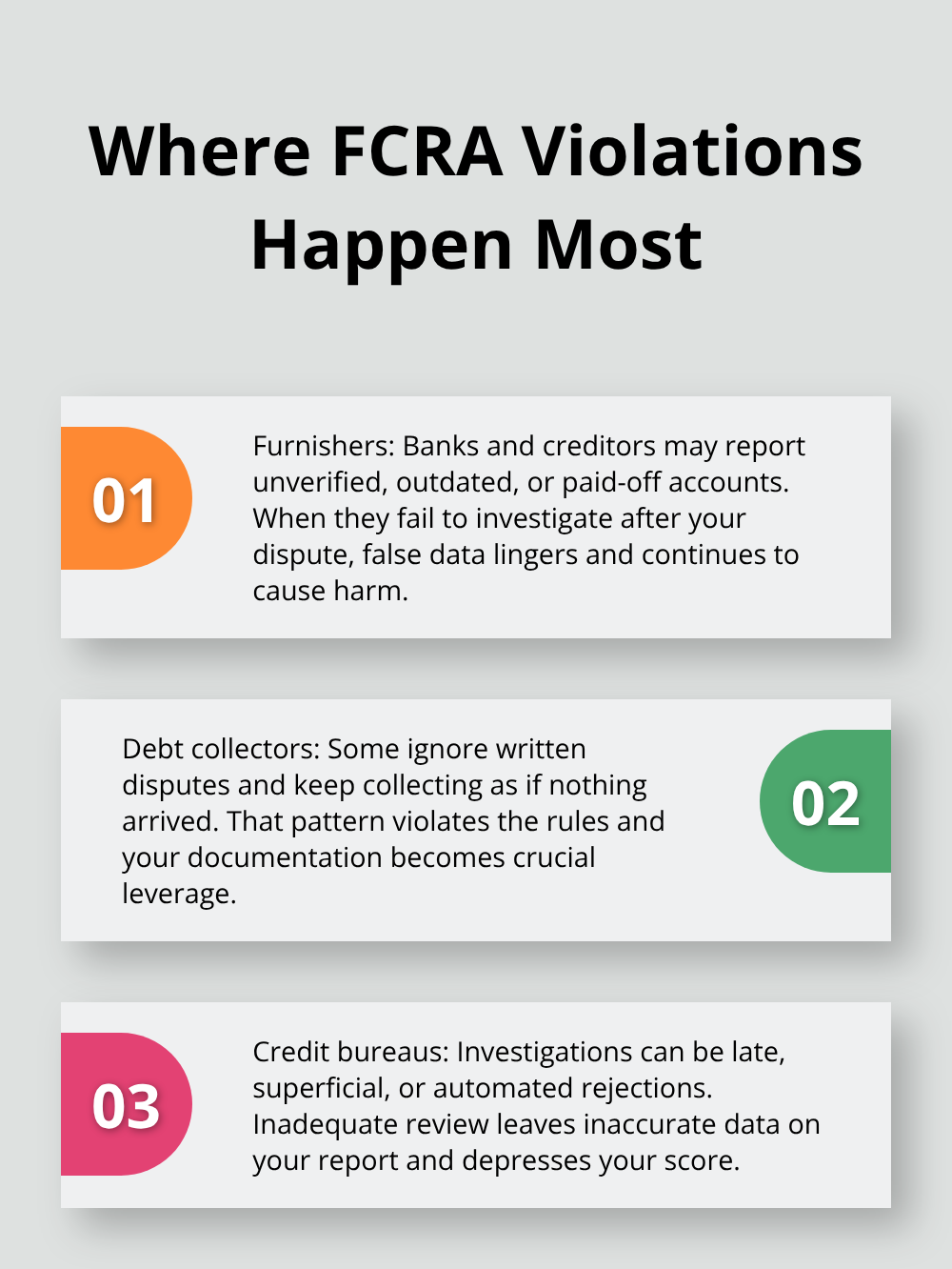 Three-part overview of the most common FCRA violation hotspots across the credit system. - Understand FCRA protections